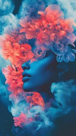 Blue-toned female profile with dense coral floral forms.