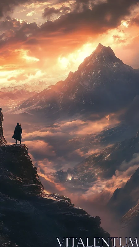 Solitary figure observing illuminated valley beneath peak.