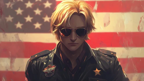 Cool blond officer stands before a bold American flag