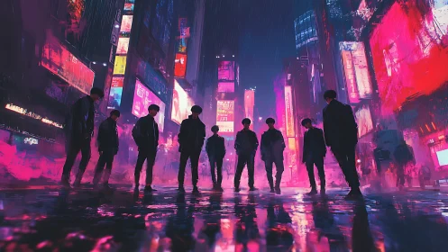 Silhouetted figures stand in neon city street at night