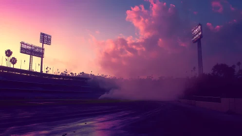 Empty stadium at sunset with dramatic pink fog bank.