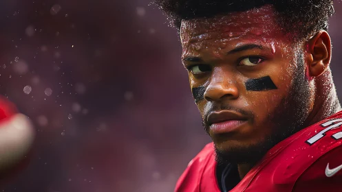 Close-up shows football player in red uniform looking sideways