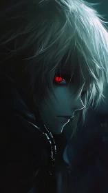 Silver-haired anime antihero glares with a glowing red eye.