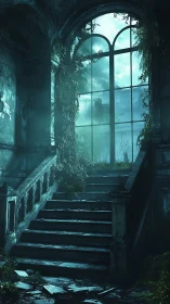 Moonlit ruined staircase under overgrown arched window.