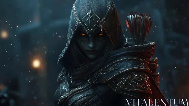 Hooded night huntress with glowing eyes in icy ruins.