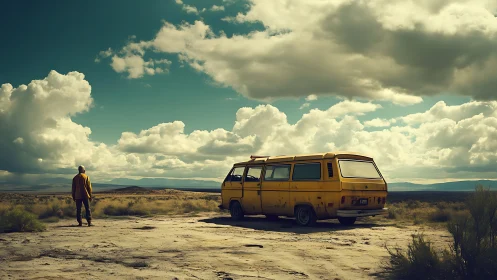 Sunlit yellow van and solitary traveler under wide desert sky.