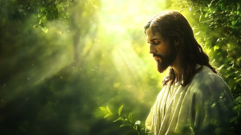 Profile view shows robed figure standing in dense green foliage