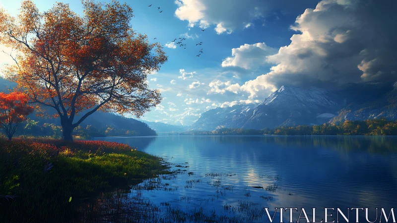 Mountain lake shoreline with autumn trees under clouds.