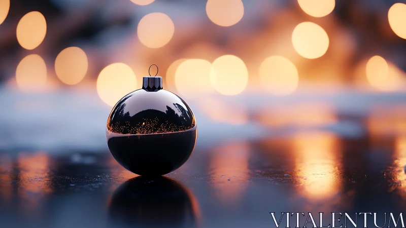 Chrome bauble on ice with golden holiday bokeh glow.