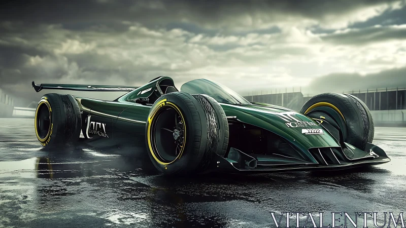 Sleek futuristic race car glowing on a rain soaked track.
