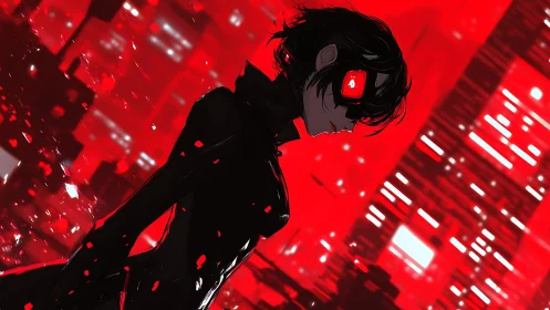 Neon vigilante in crimson cybercity silhouette at night.