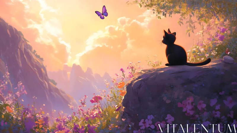 Black cat watches purple butterfly over sunlit valley