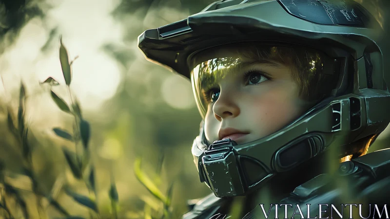 Young Explorer in Advanced Helmet Gazes Toward Nature.