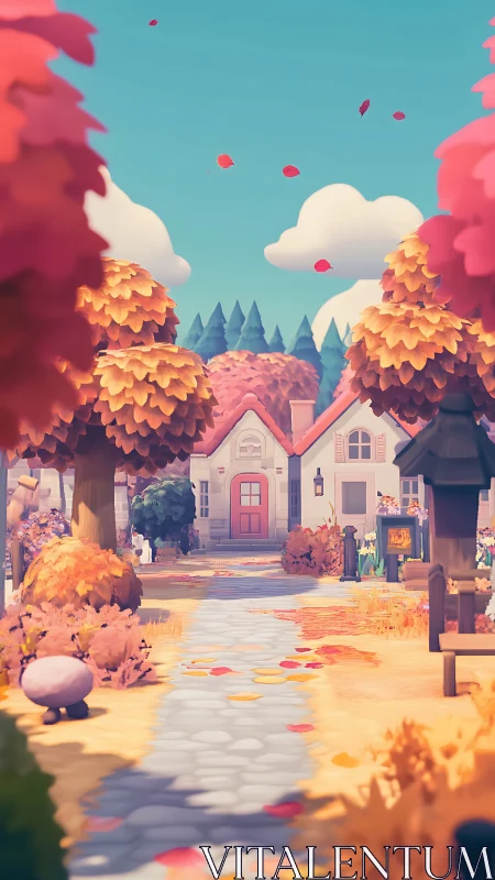 Rendered village path leads to house amid stylized trees