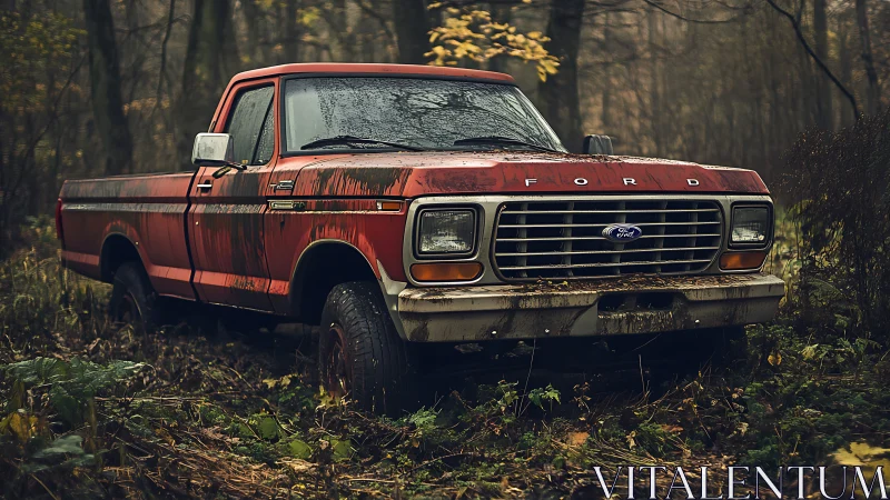 Old red Ford pickup truck abandoned in damp forest setting.