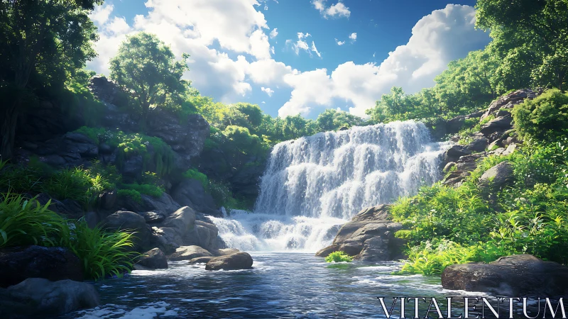 Sunlit forest waterfall inviting you into calm wonder.