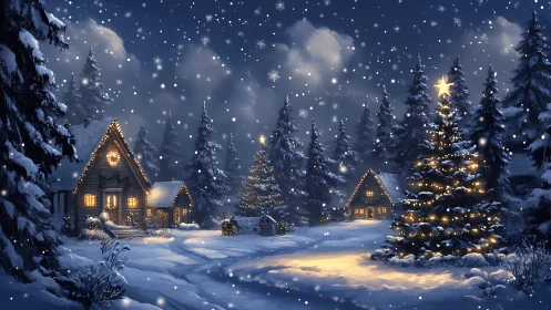 Snow-laden forest cottages under illuminated Christmas tree lights