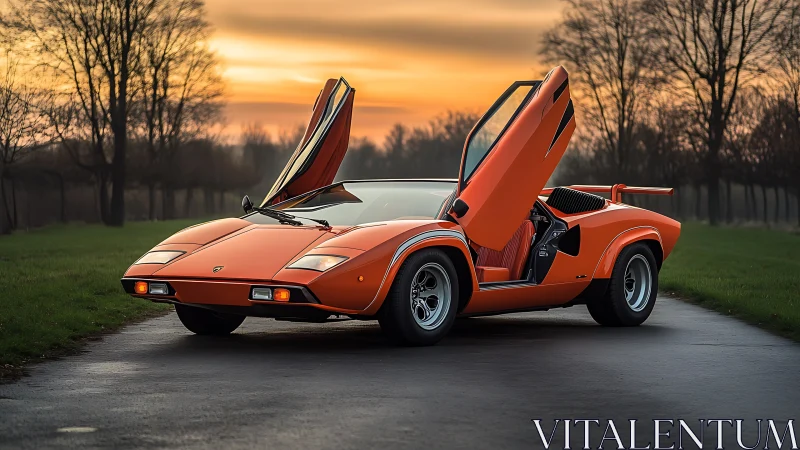 Iconic orange supercar with scissor doors at sunset roadway