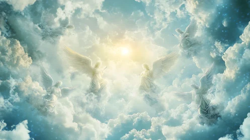 Radiant angels ascend through luminous clouds toward heaven