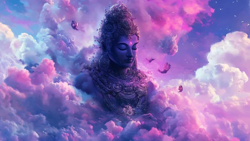 Celestial blue deity meditates within radiant violet clouds