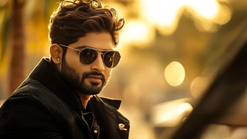 Man wearing sunglasses sits outdoors in warm backlighting