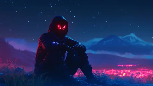 Hooded neon figure sits over glowing city at night.