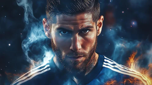 Fire-forged football warrior framed in swirling cosmic smoke.