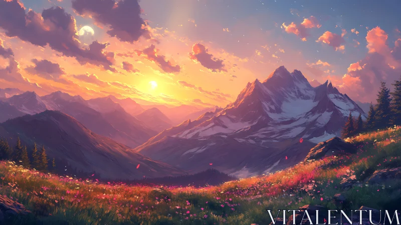 Twin-sky sunset over wildflower realms and silver peaks.