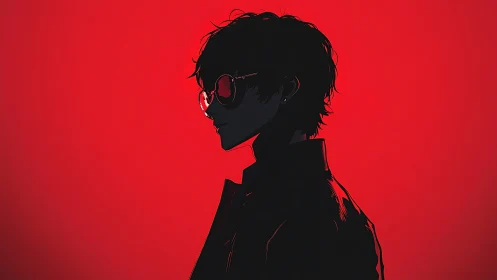 Silhouetted youth in red glow wearing reflective glasses.