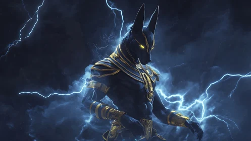 Storm-lit jackal god stands in crackling electric power