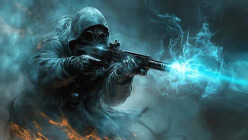 Hooded sniper unleashes blazing blue energy shot in fog.