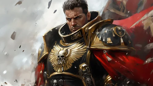 Stoic space commander in glowing gold and crimson armor.