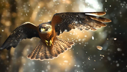 Majestic hawk in flight with dramatic lighting and bokeh effect.