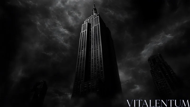 Storm-crowned tower knifing through a bruised night sky.