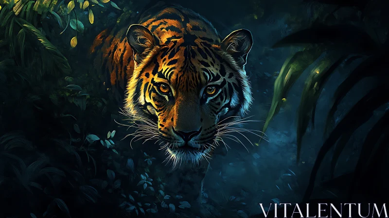 Digital painting of a stalking tiger in chiaroscuro jungle light.