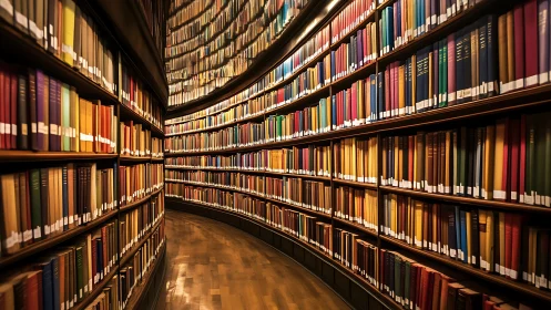 Curved library shelves glow with endless colorful books.