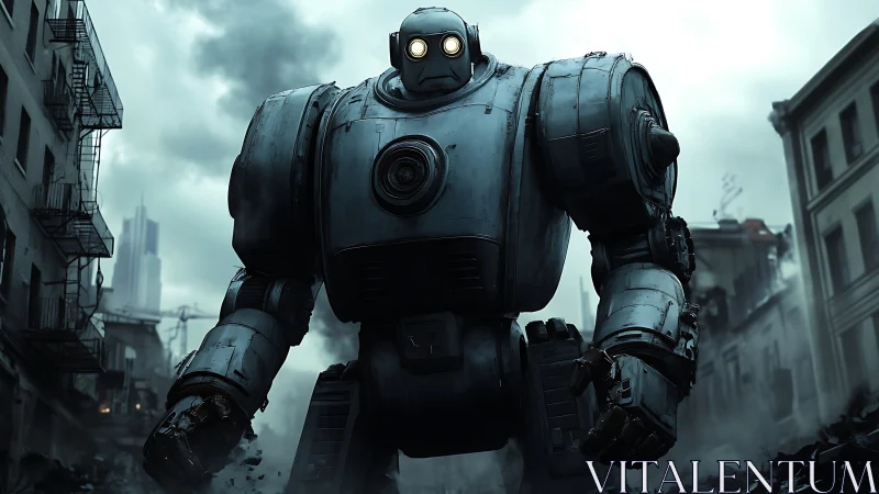 Large armored robot standing in foggy damaged city street.