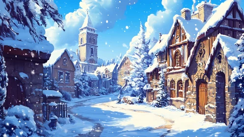 Digital painting of sunlit medieval village under fresh snowfall.