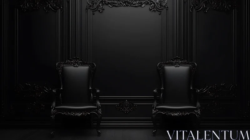 Two ornate black chairs in dark monochrome interior.