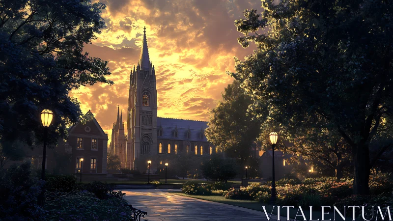 Gothic cathedral at golden hour in luminous garden setting.