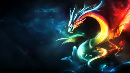 Luminous elemental dragon coils through nebula-like cosmic void