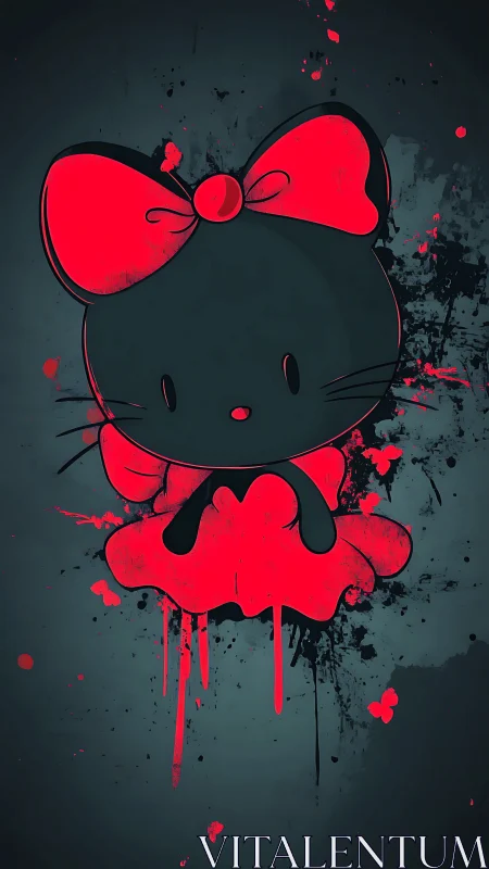 Dark kawaii cat silhouette in red splatter bow dress.