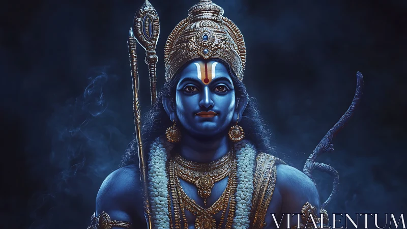 High-contrast blue deity portrait with ornate gold headdress and bow