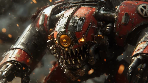 Battle-worn red mech with skull emblem and glowing eyes.