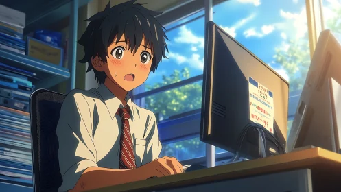 Sunlit anime student jolts at a surprise on office screen.