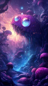 Bioluminescent alien forest reveals colossal mushroom sentinel