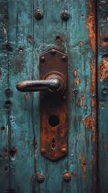 Rusty door handle rests on weathered teal wooden panels.