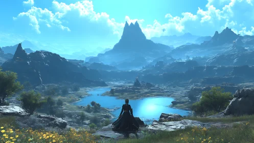 Solitary cloaked figure surveys vast blue-lit fantasy valley