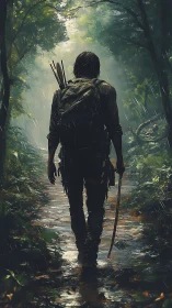 Lone survivor walks through rain-soaked forest trail