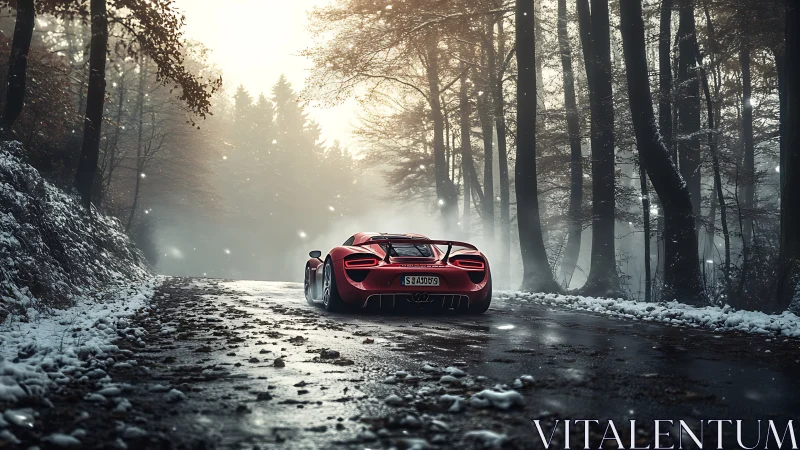 Red supercar cuts through misty winter forest road